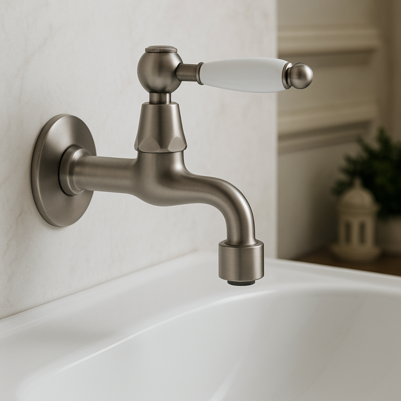 PB klassisk väggmonterad fontänkran med vit handtag för kallvatten i rostfritt stål 1208853532